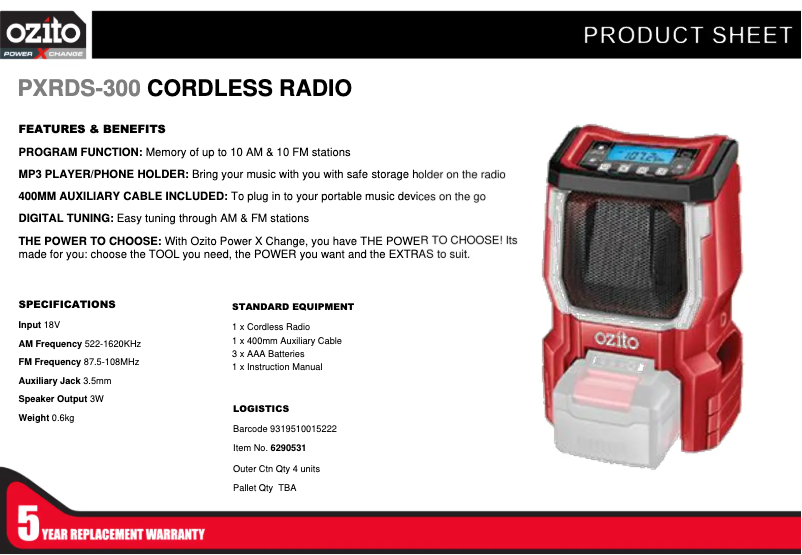 Page 1 de la notice Fiche technique Ozito PXRDS-300