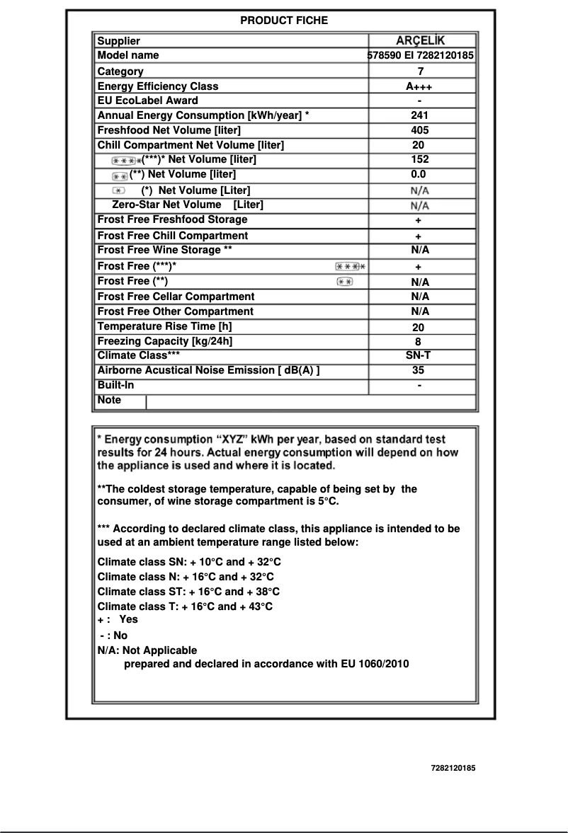 Page 1 de la notice Fiche technique Arçelik 578590 EI