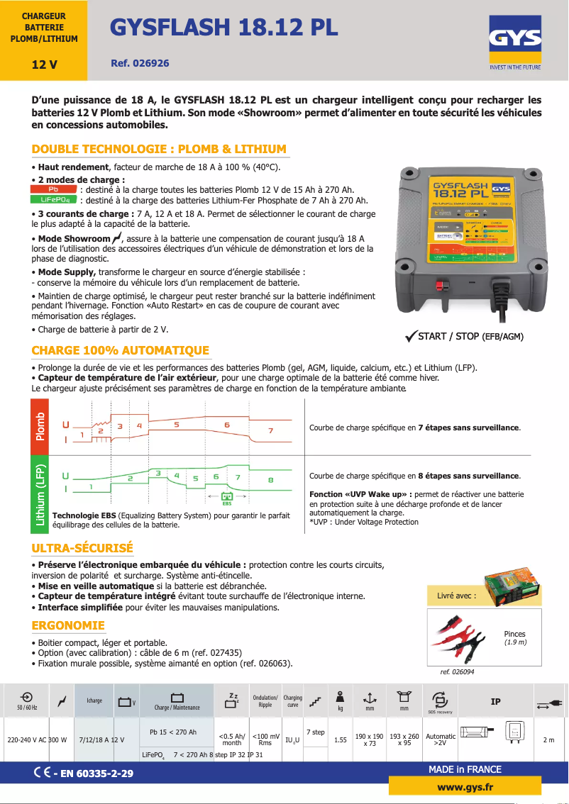 Page 1 de la notice Fiche technique GYS Gysflash 18.12 PL