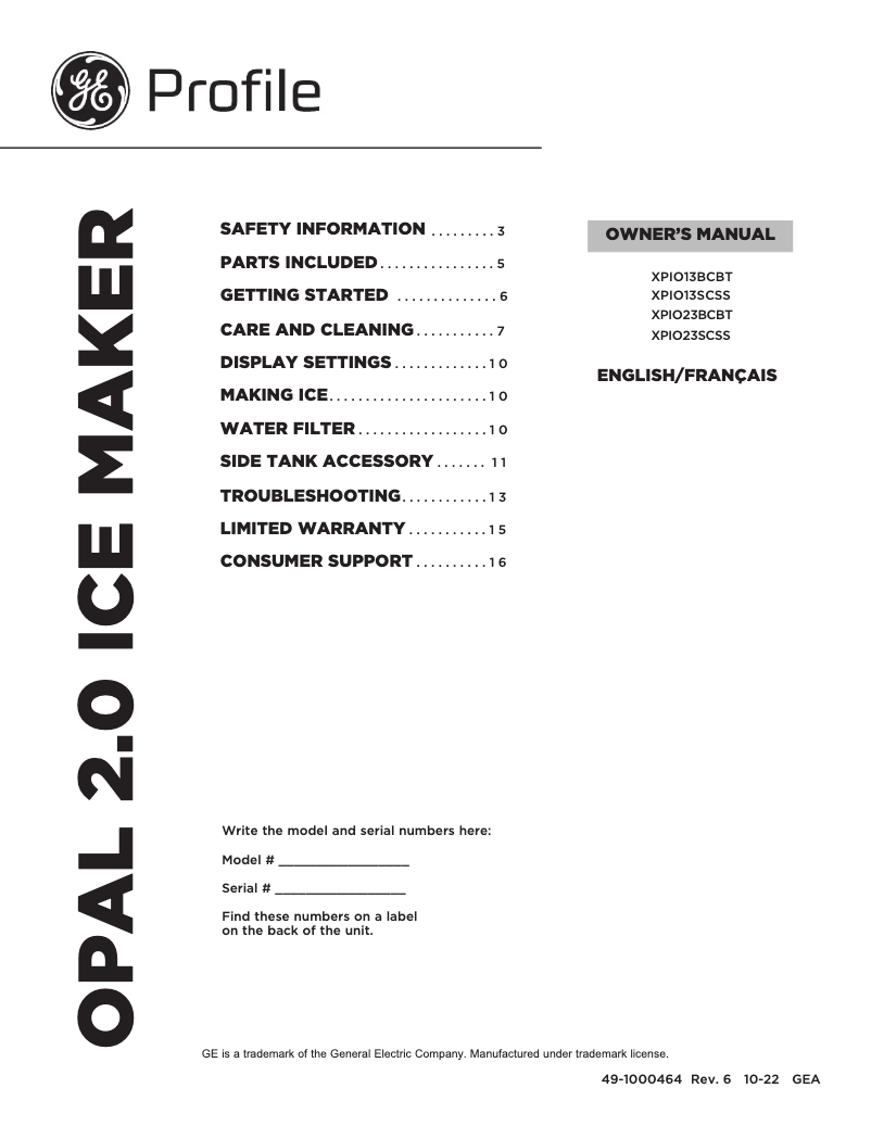 Página 1 del manual Manual de usuario GE Profile Opal XPIO23SCSS
