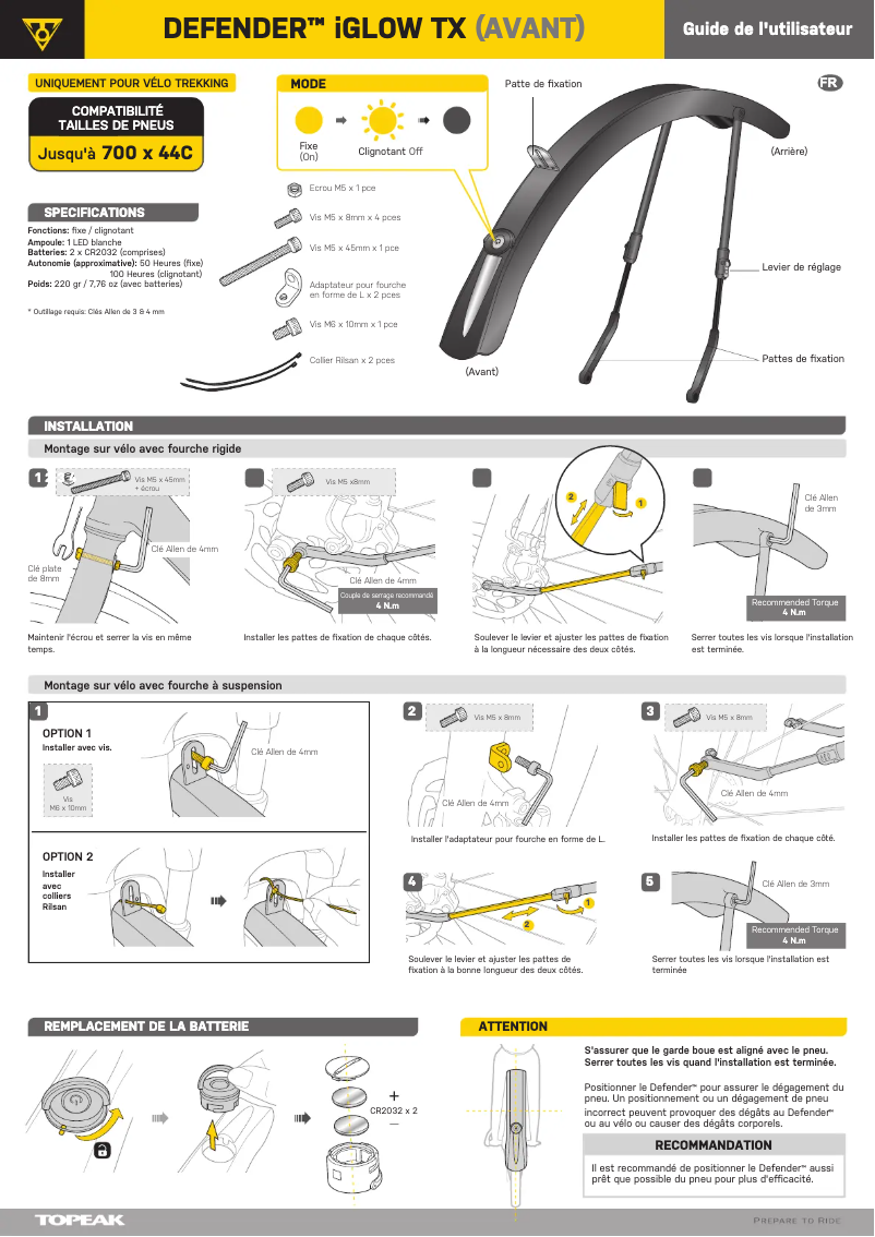 Page 1 de la notice Manuel utilisateur Topeak DEFENDER iGLOW TX