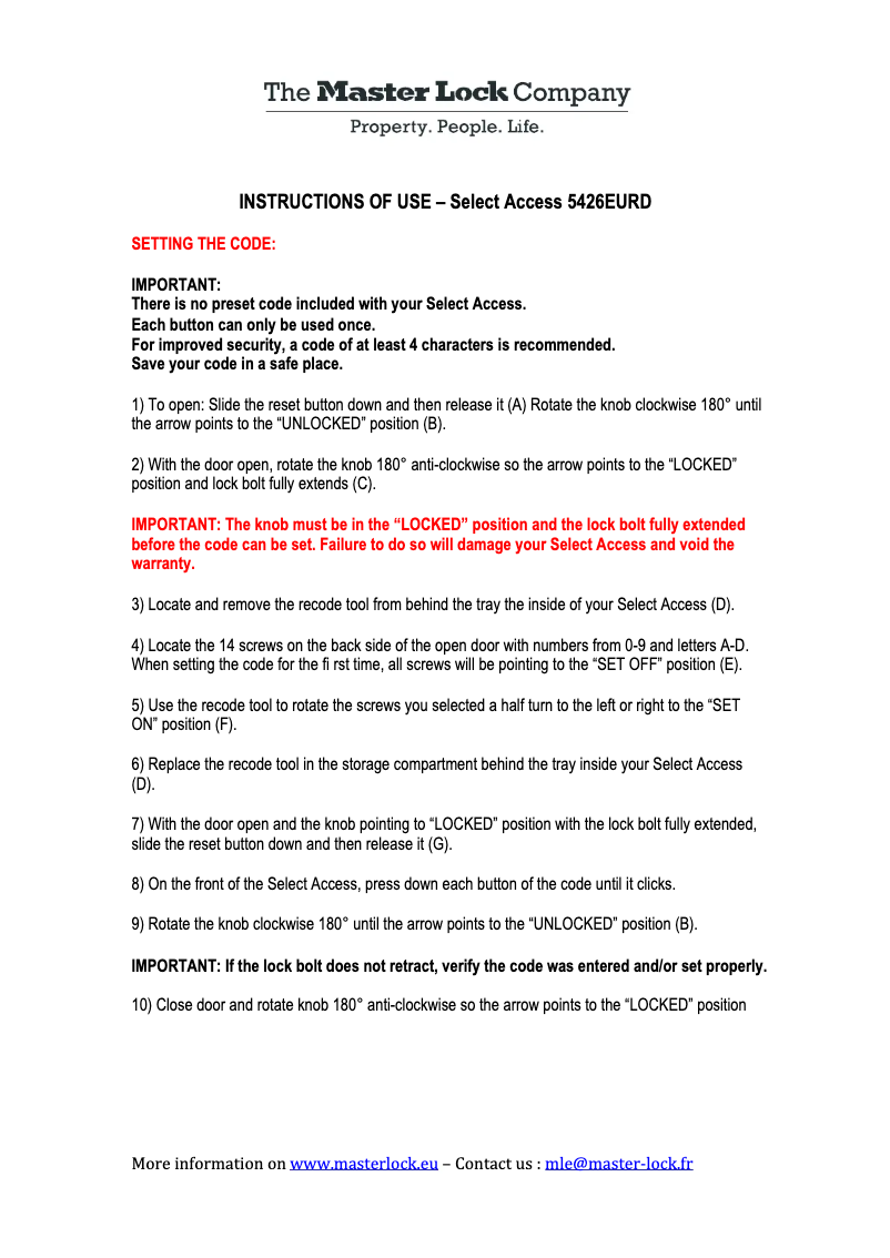 Página 1 del manual Manual de usuario Master Lock 5426EURD