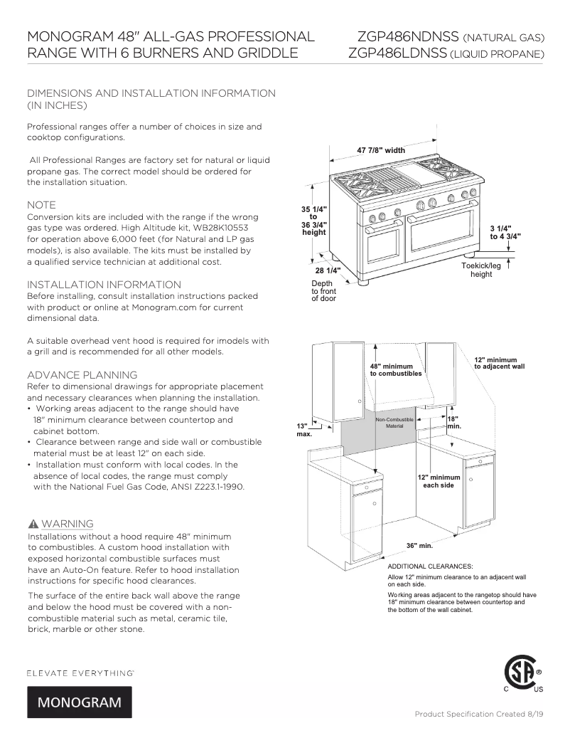 Page 1 de la notice Fiche technique Monogram ZGP486NDN