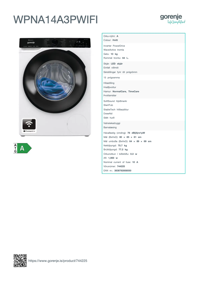 Page 1 de la notice Fiche technique Gorenje WPNA14A3PWIFI