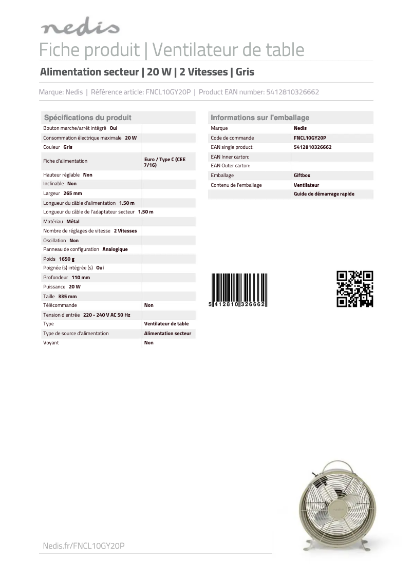 Page 1 de la notice Manuel utilisateur Nedis FNCL10GY20P