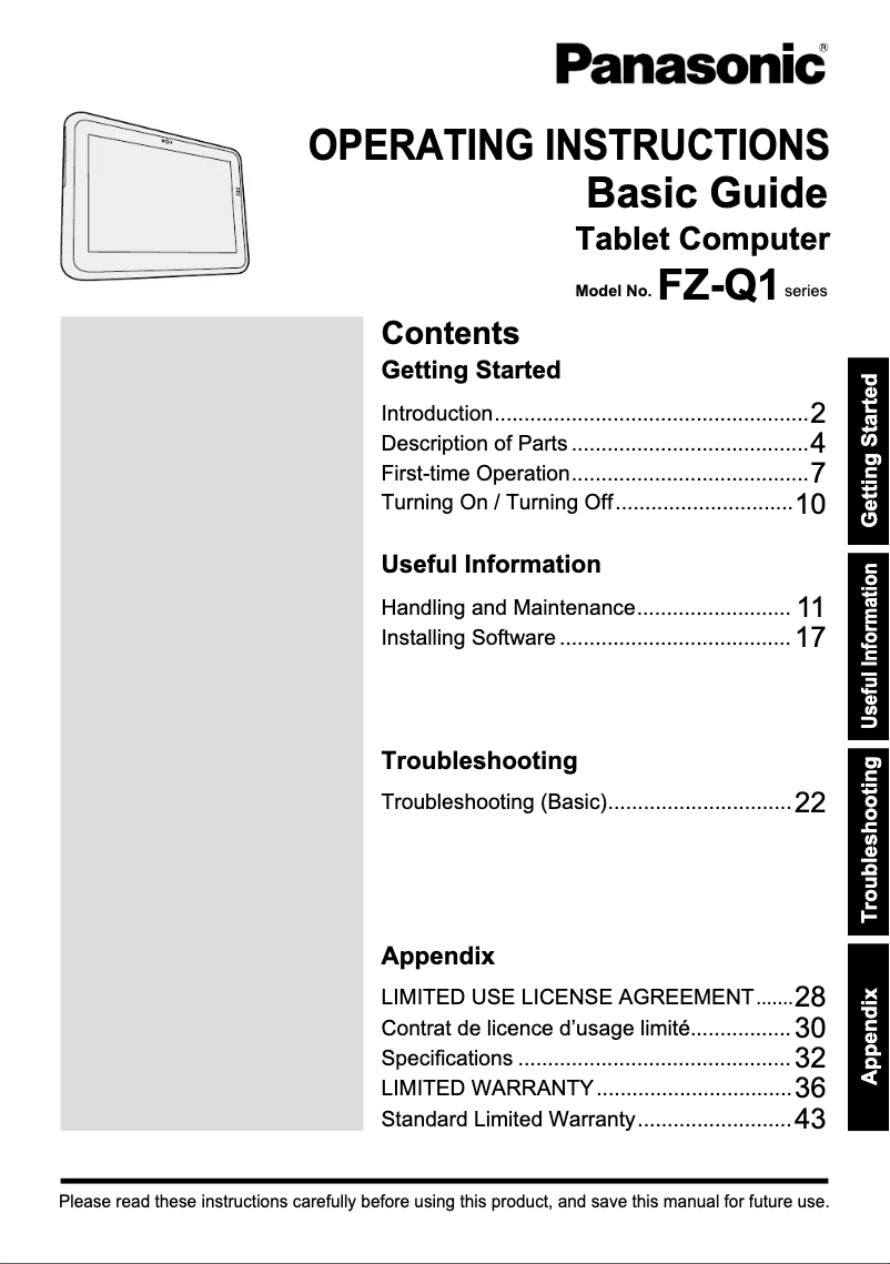 Page 1 of the manual User Manual Panasonic Toughpad FZ-Q1