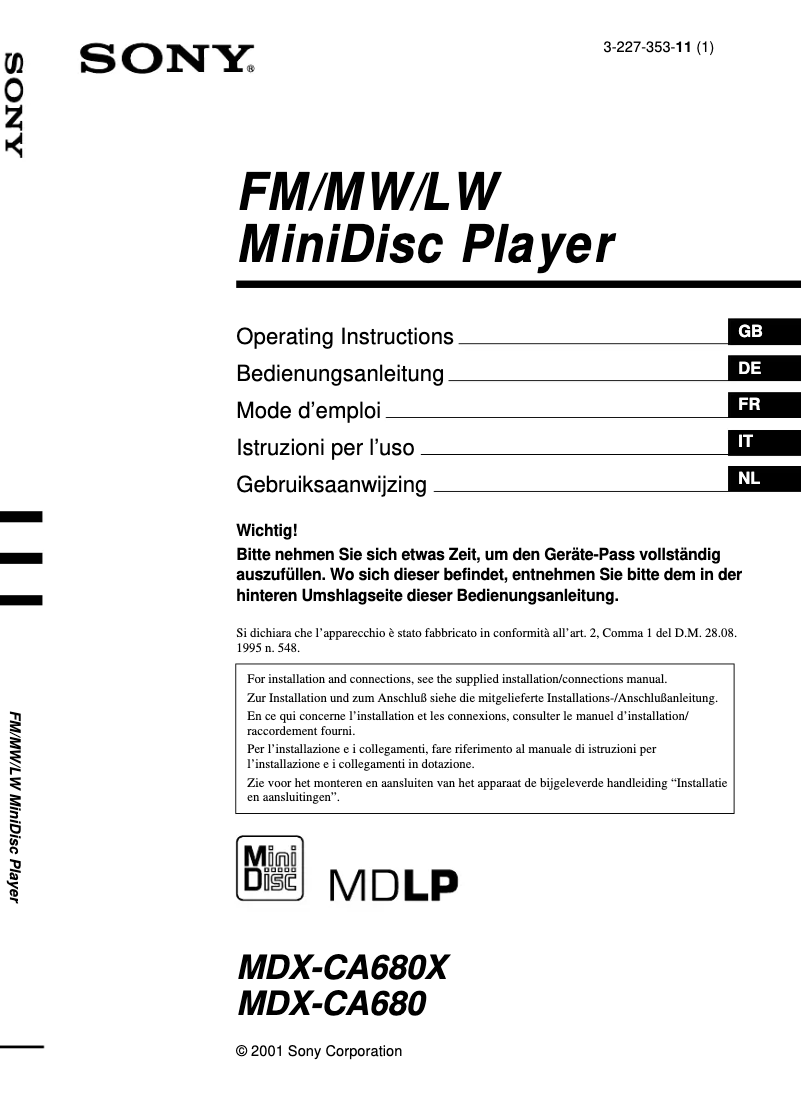 Page 1 de la notice Manuel utilisateur Sony MDX-CA680X