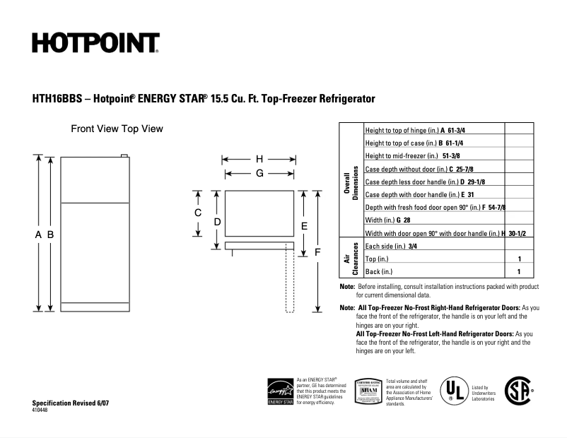 Página 1 del manual Ficha técnica Hotpoint HTH16BBSRCC