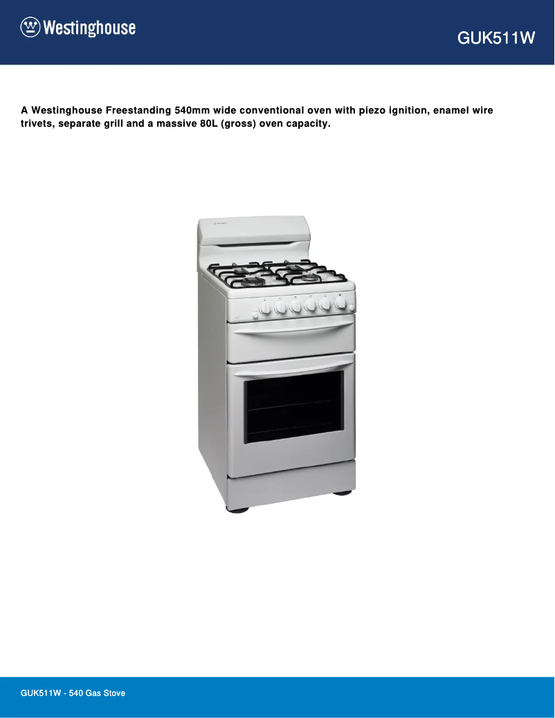 Page 1 de la notice Fiche technique Westinghouse GUK511W
