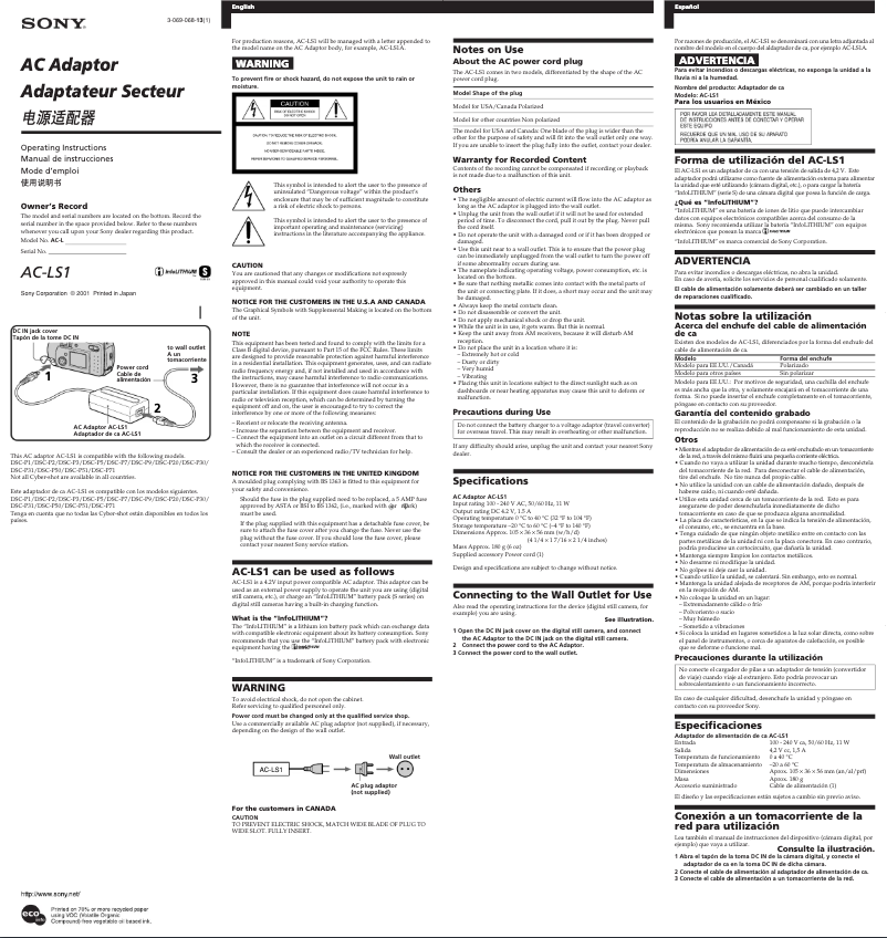 Page 1 de la notice Manuel utilisateur Sony AC-LS1