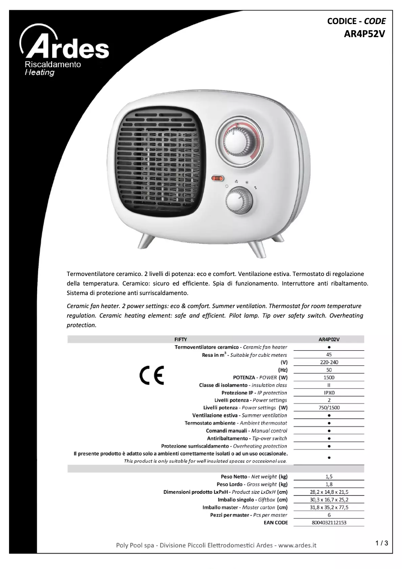 Page 1 de la notice Fiche technique Ardes AR4P02V