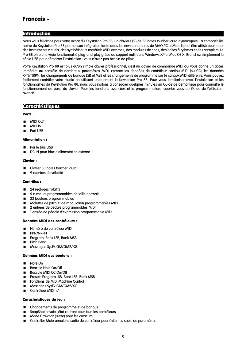 Page n°1 - Manuel utilisateur M-Audio Keystation Pro 88