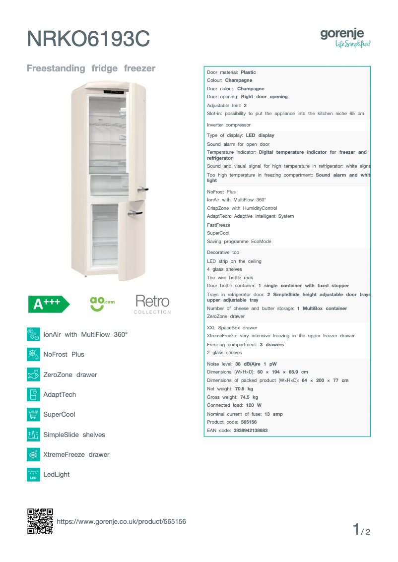 Page 1 de la notice Fiche technique Gorenje NRKO6193C