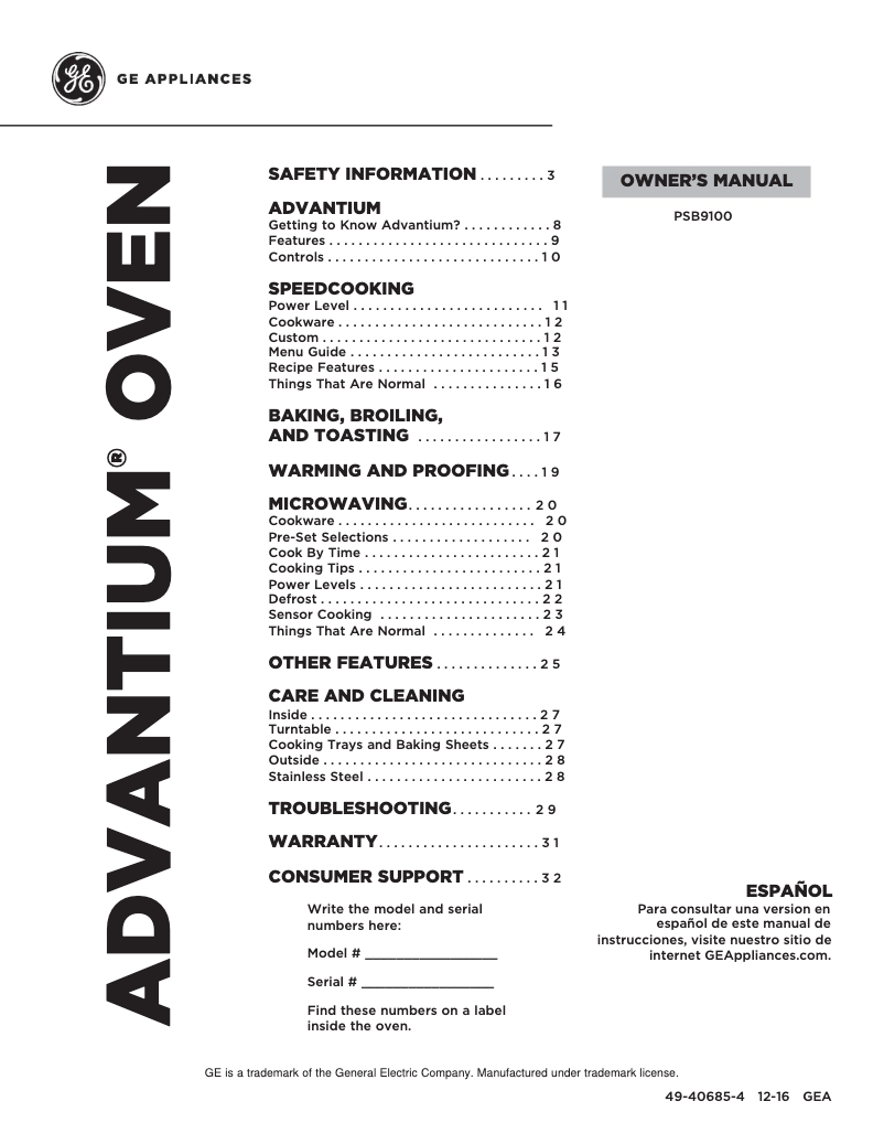 Page n°1 - Manuel d'utilisation et d'entretien GE PSB9100SFSS