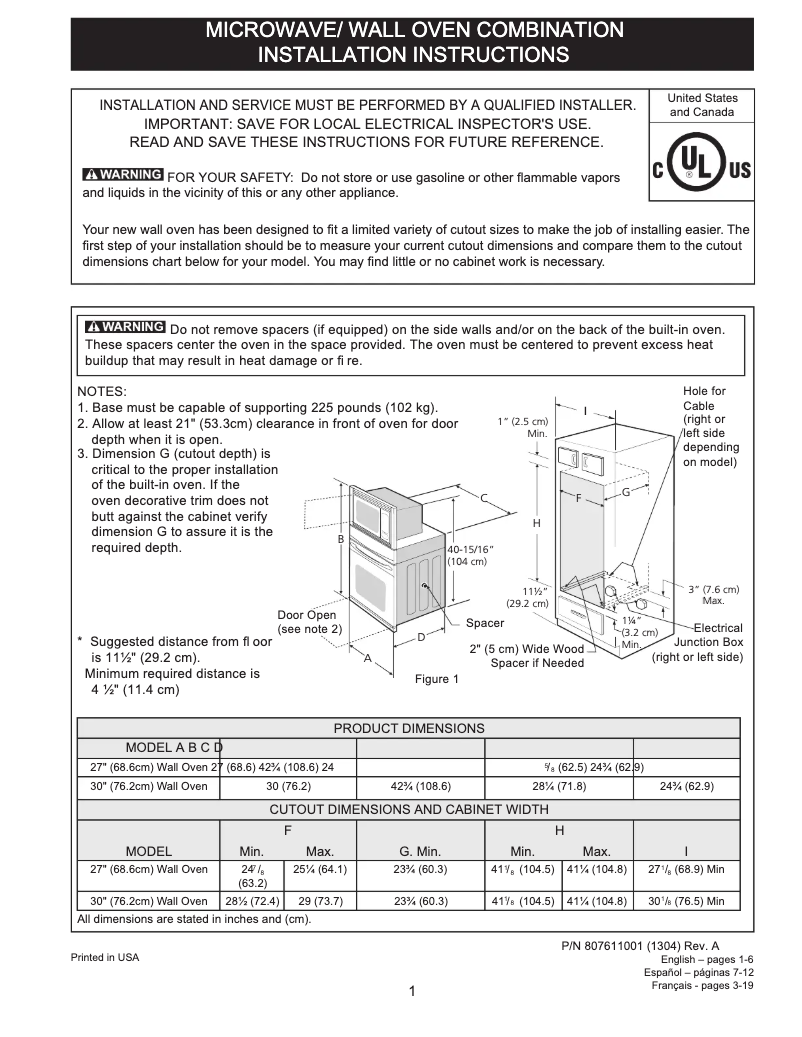 Page 1 de la notice Guide d'installation Frigidaire FPMC2785PF