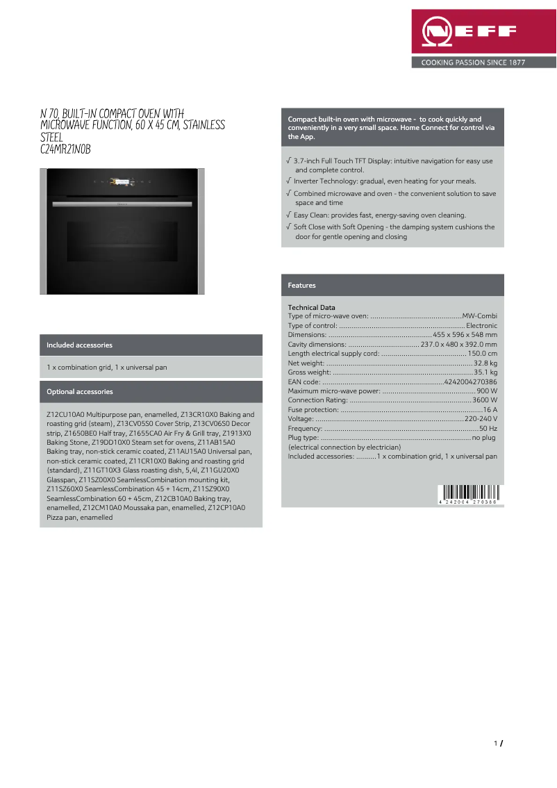 Página 1 del manual Ficha técnica Neff C24MR21N0B