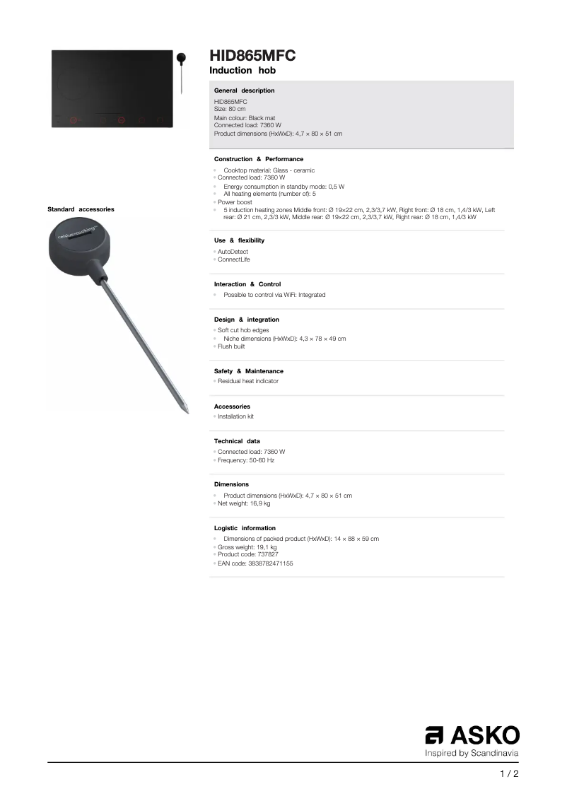 Page 1 de la notice Fiche technique Asko HID865MFC