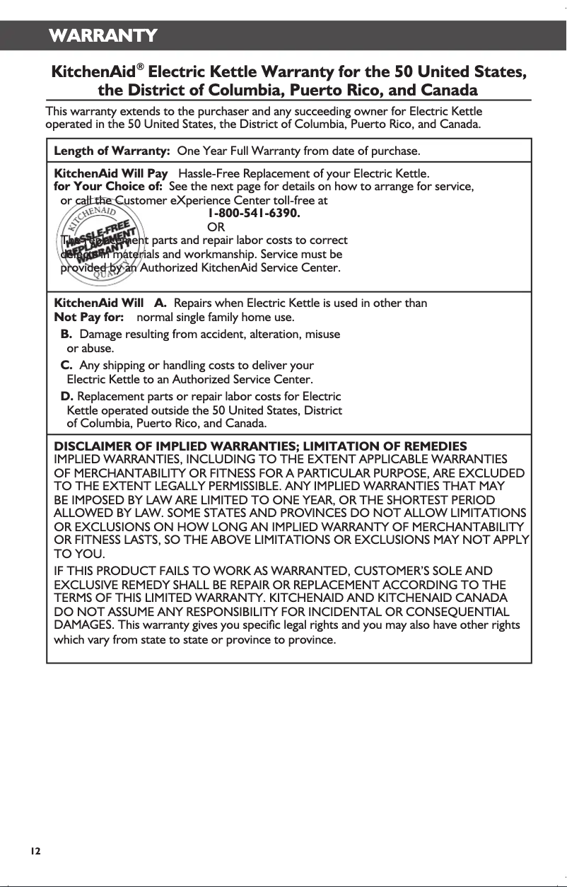 Page n°1 - Informations de garantie KitchenAid KEK1722ER
