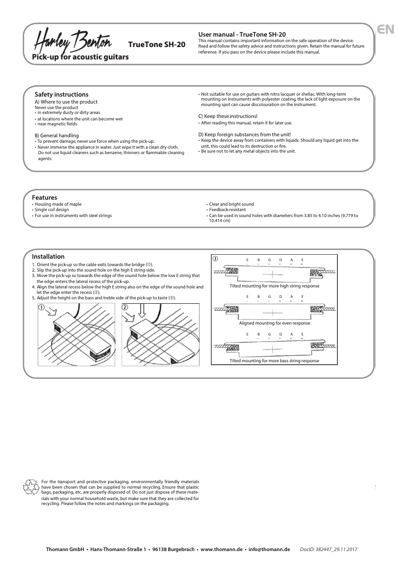 Page 1 de la notice Manuel utilisateur Harley Benton TrueTone SH-20