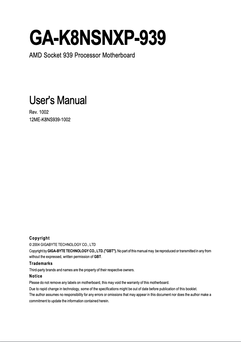 Image de la première page du manuel de l'appareil GA-K8NSNXP-939