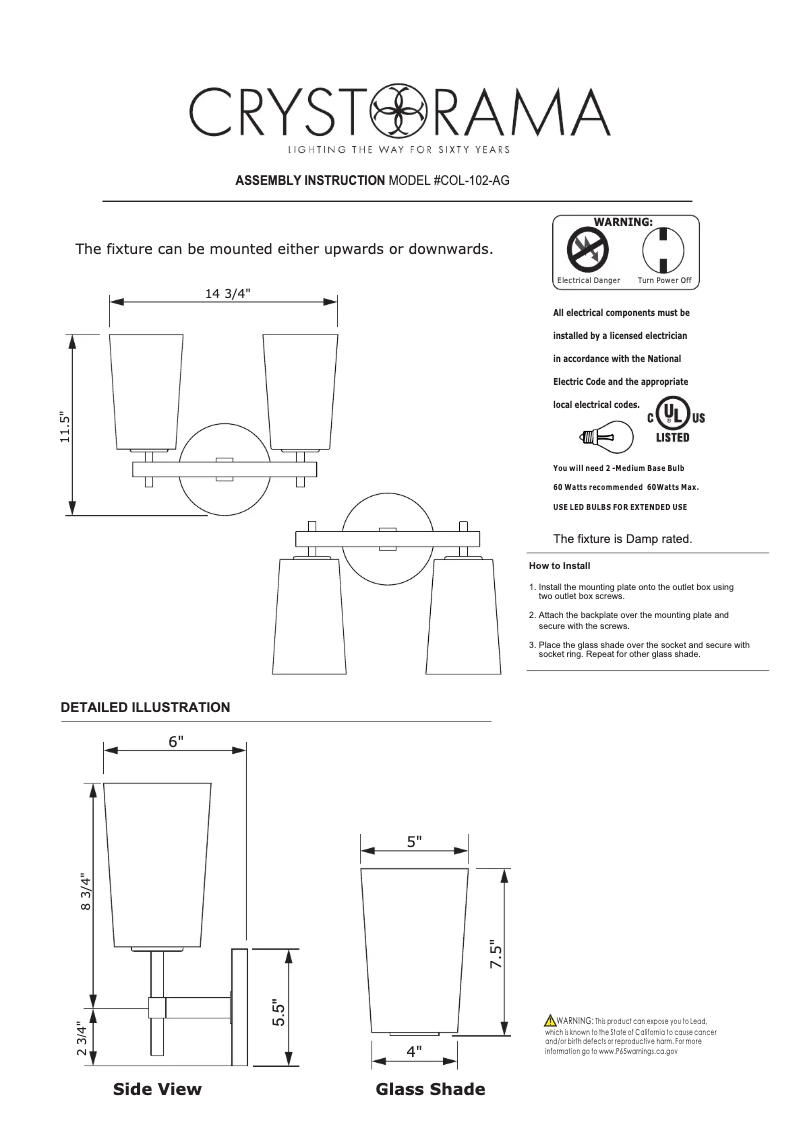 Page 1 de la notice Manuel utilisateur Crystorama Colton COL-102-AG