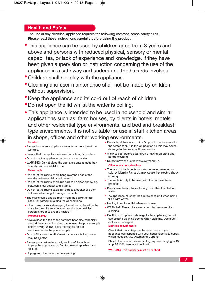 Page 1 de la notice Manuel utilisateur Morphy Richards Essentials 43027