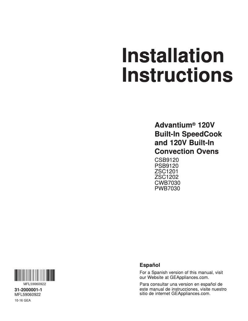 Page 1 de la notice Guide d'installation GE Profile PWB7030SLSS