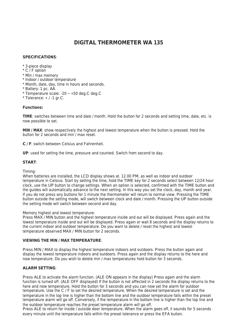 Imagen de la primera página del manual del dispositivo WA135