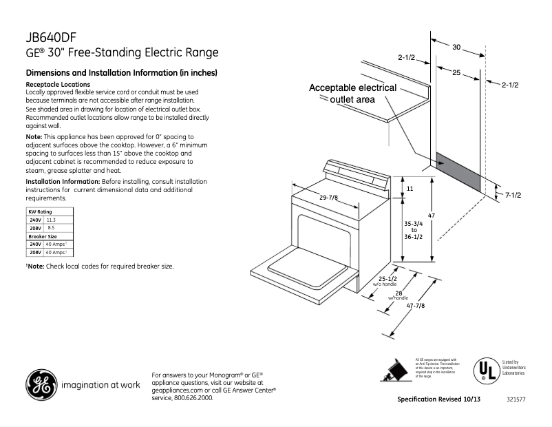 Page 1 of the manual Technical Sheet GE JB640DFBB