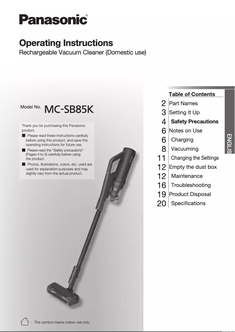 Page 1 de la notice Manuel utilisateur Panasonic MC-SB85K
