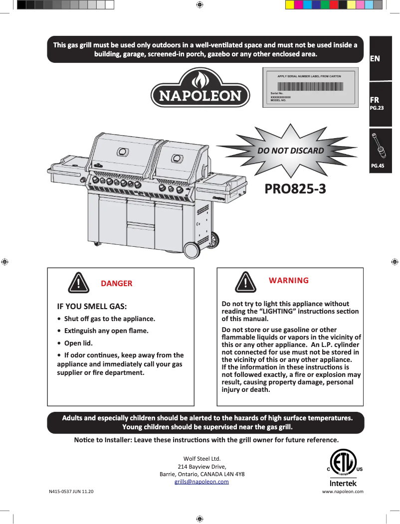 Page 1 de la notice Manuel utilisateur Napoleon Prestige Pro 825 RSBI