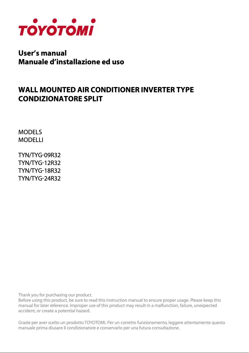 Page n°1 - Manuel utilisateur Toyotomi TYN/TYG-12R32