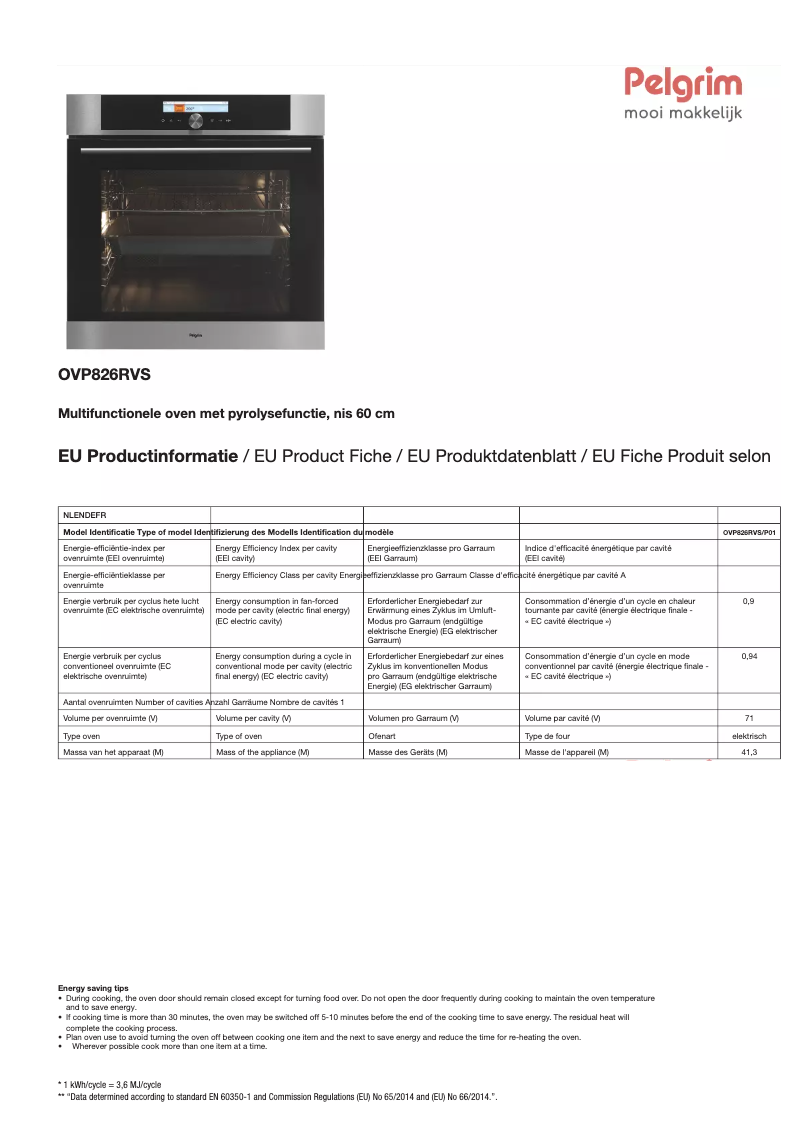 Página 1 del manual Ficha técnica Pelgrim OVP826RVS