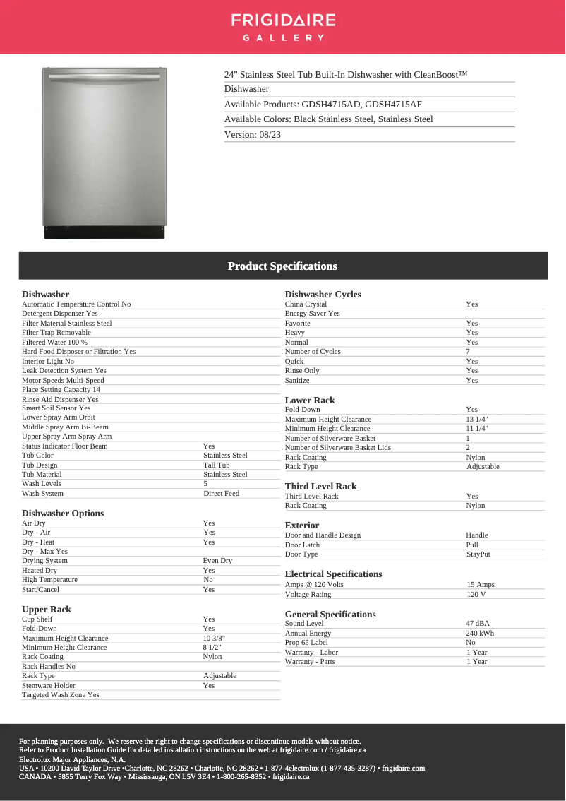 Page 1 de la notice Fiche technique Frigidaire GDSH4715AD