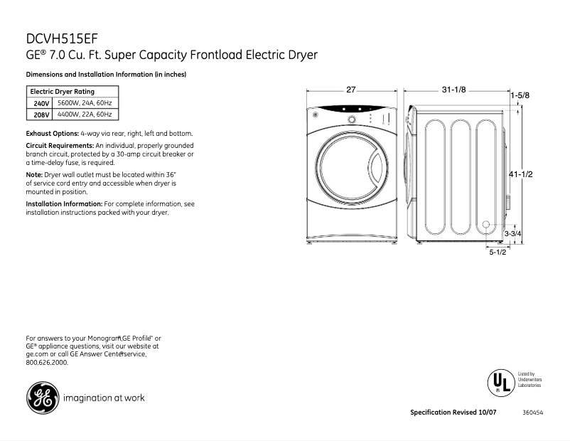 Page 1 de la notice Fiche technique GE DCVH515EFWW
