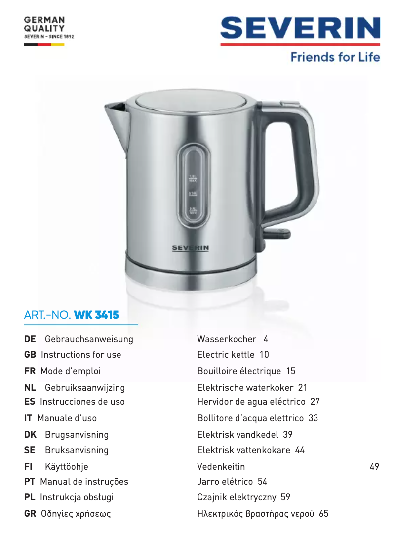 Page 1 de la notice Fiche technique Severin WK 3415