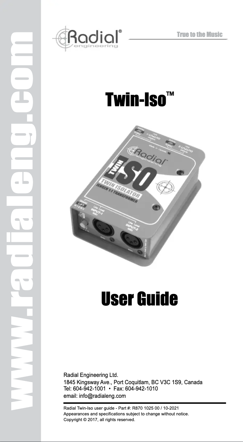 Page 1 de la notice Manuel utilisateur Radial Engineering Twin-Iso