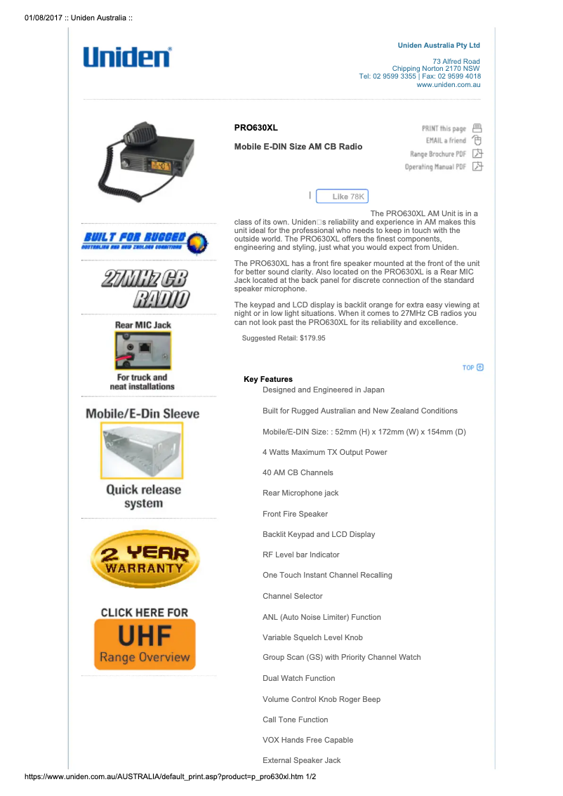 Page 1 de la notice Fiche technique Uniden PRO630XL