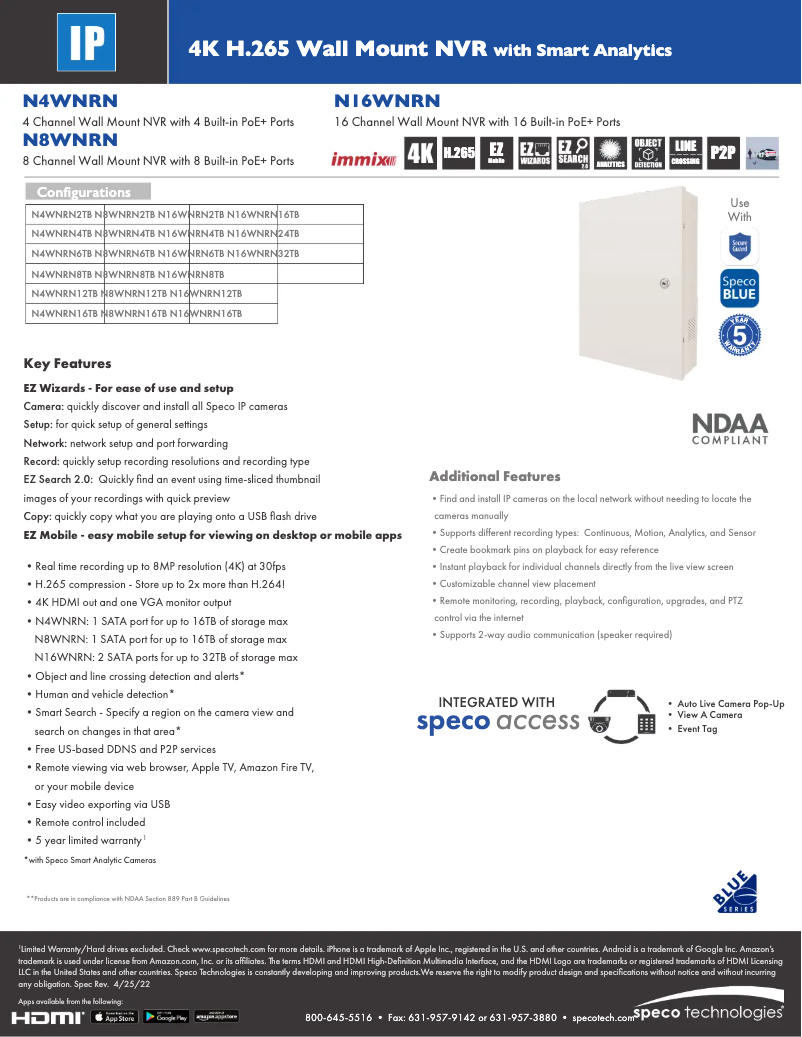 Page 1 de la notice Fiche technique Speco Technologies N8WNRN