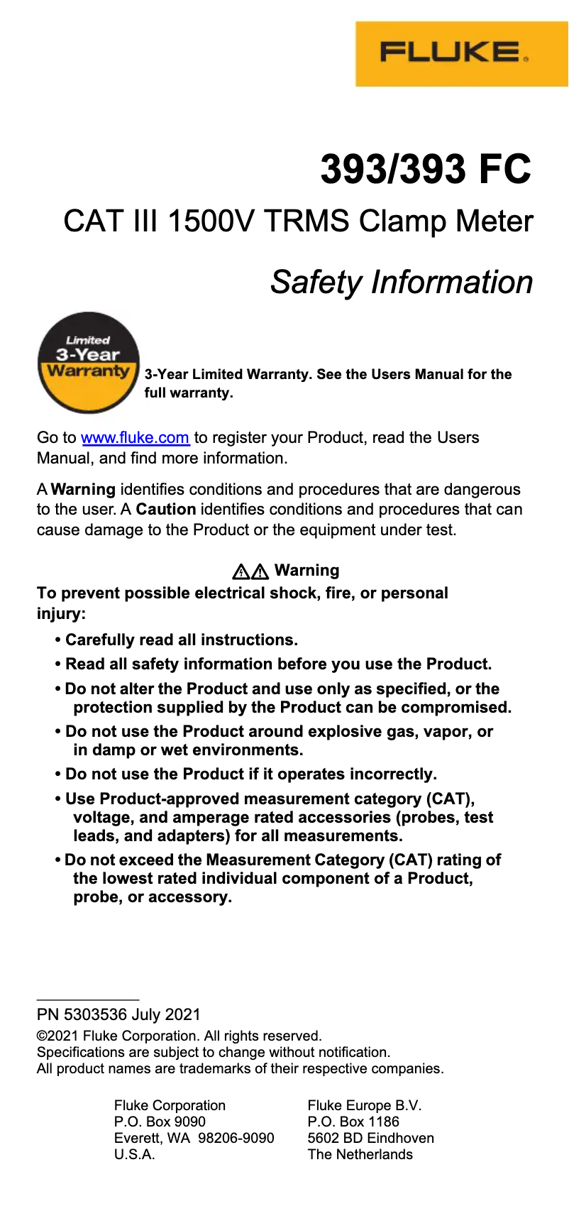 Page n°1 - Instructions de sécurité Fluke 393