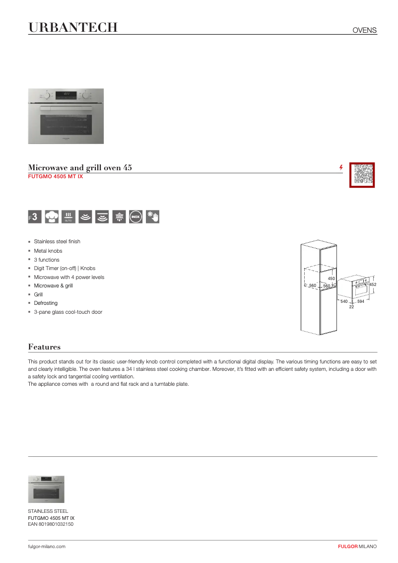 Page 1 de la notice Fiche technique Fulgor Milano FUTGMO 4505 MT IX
