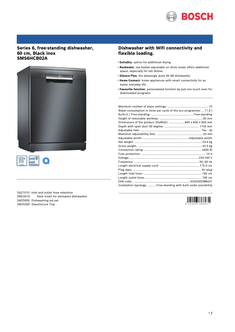 Page n°1 - Fiche technique Bosch SMS6HCB02A