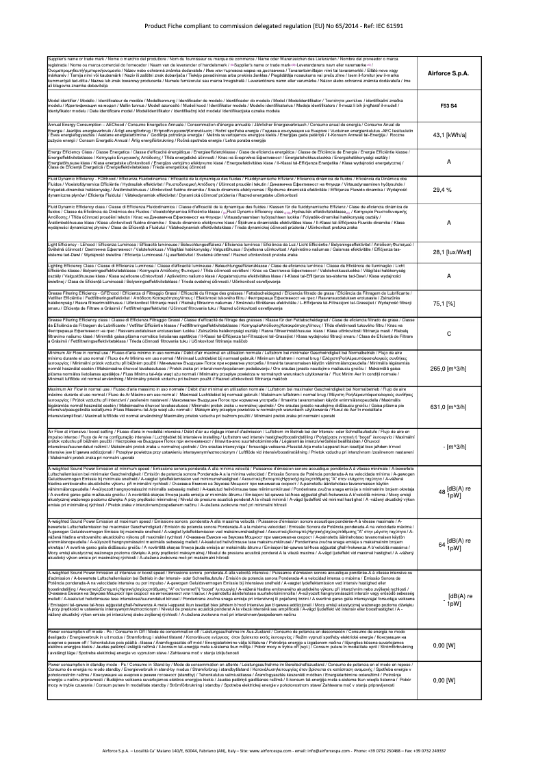 Page 1 de la notice Fiche technique Airforce F53 60 S4
