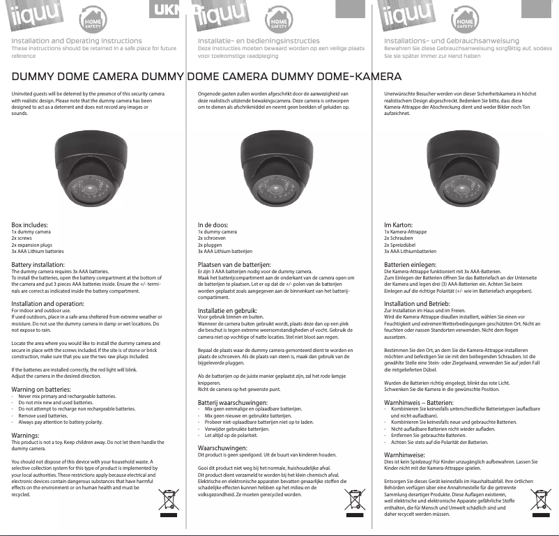 Page 1 de la notice Manuel utilisateur iiquu Dummy Dome Camera