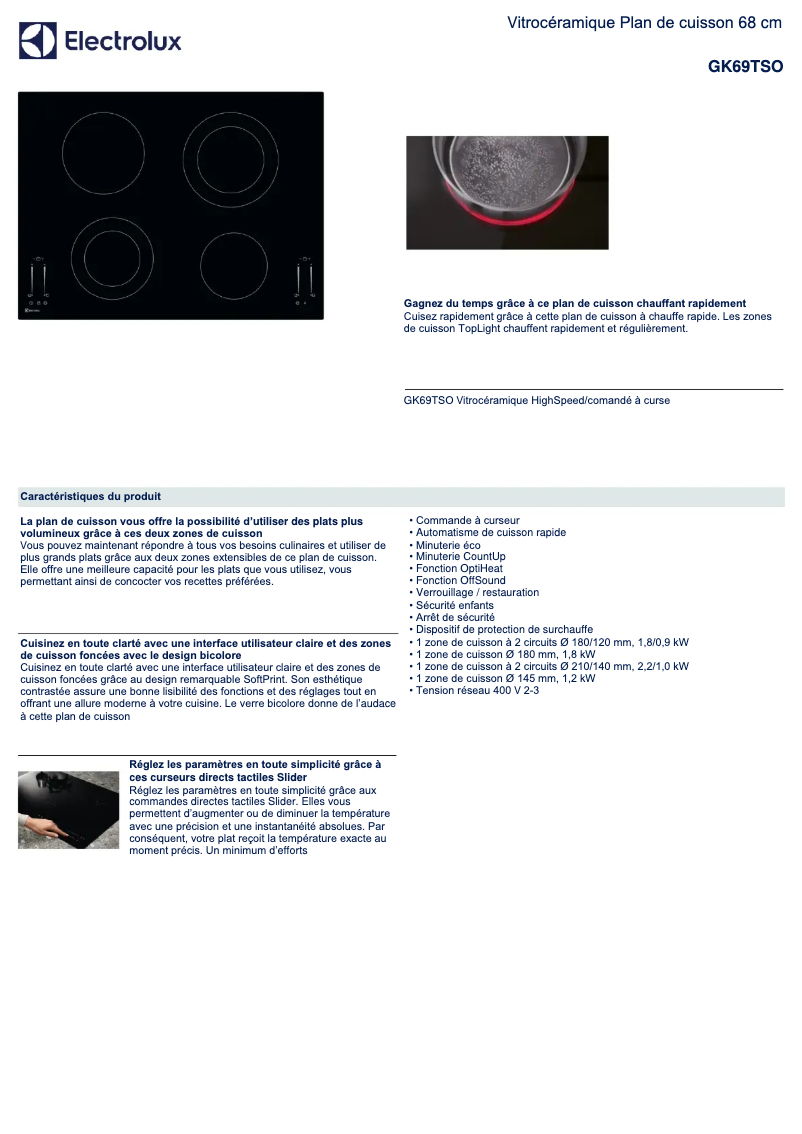 Page 1 de la notice Fiche technique Electrolux GK69TSO