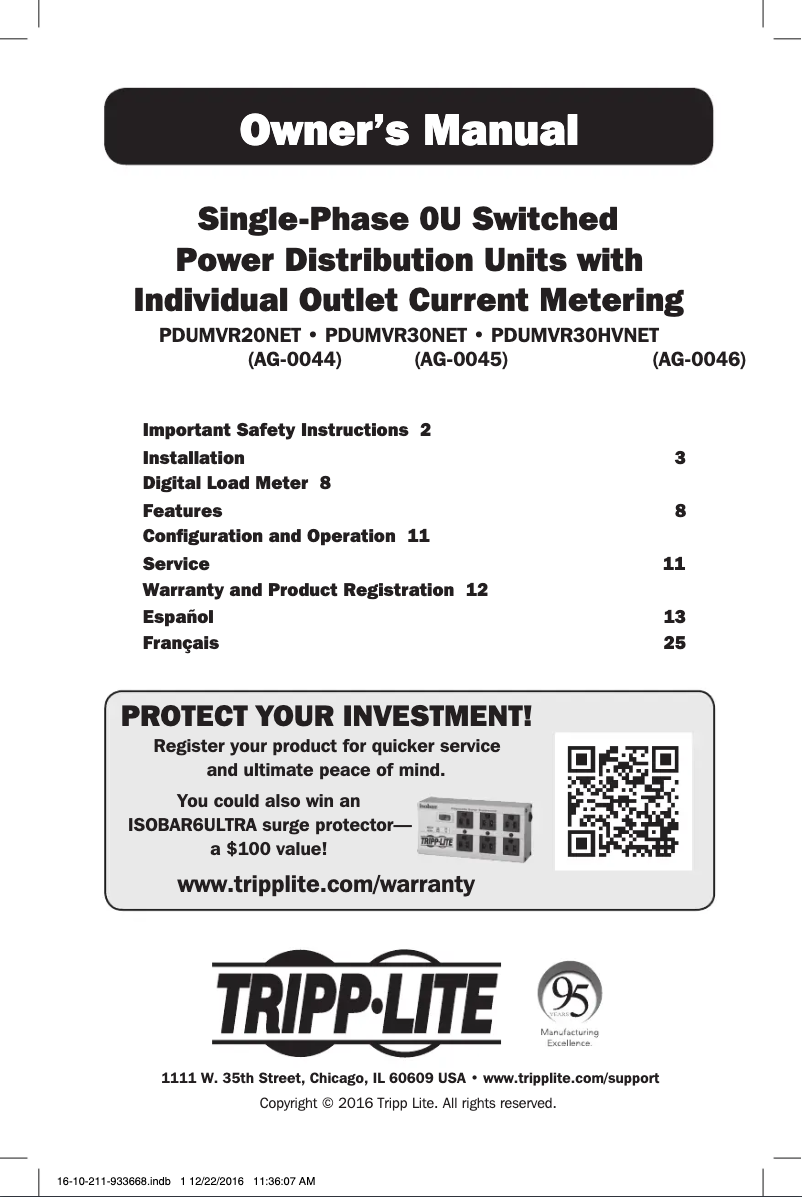 Page 1 de la notice Manuel utilisateur Tripp Lite PDUMVR30NET