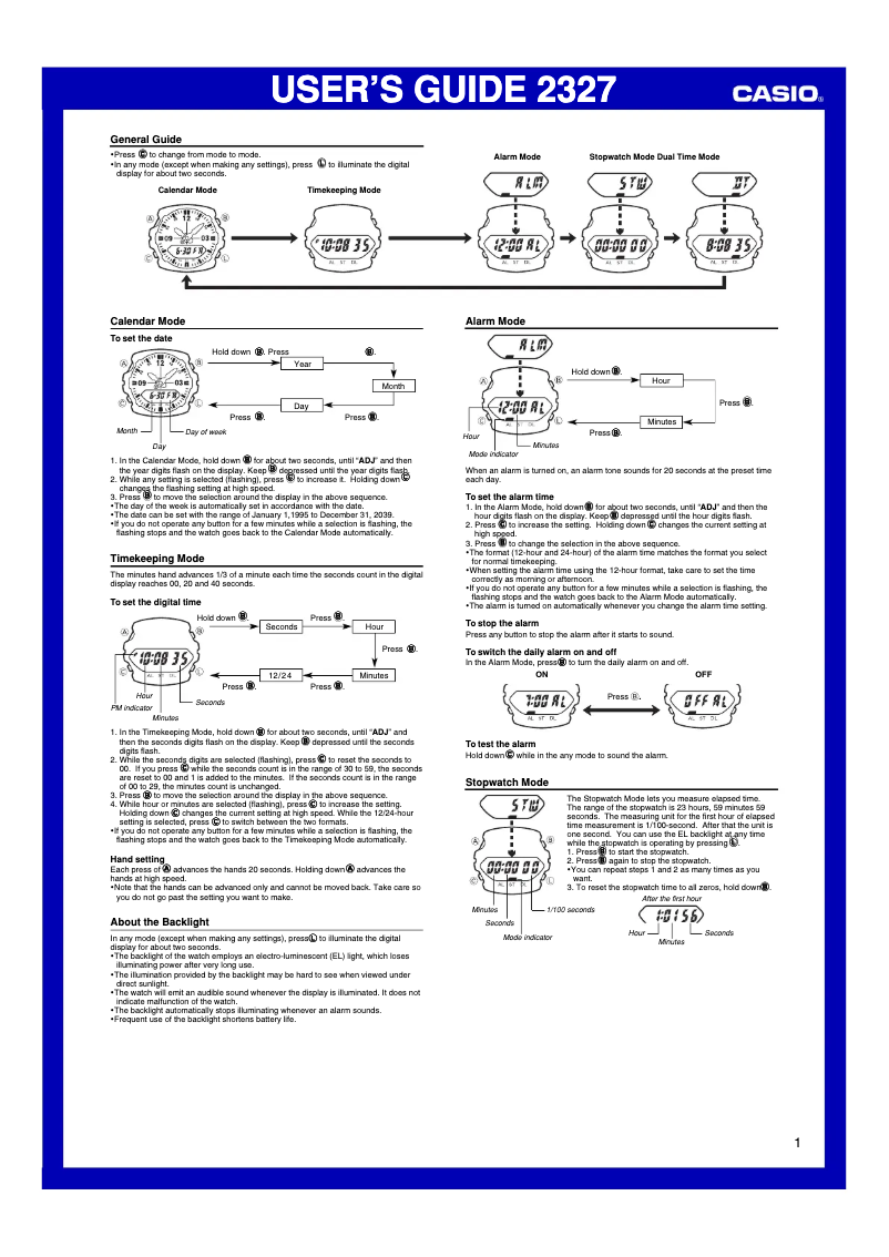 Page 1 de la notice Manuel utilisateur Casio G-Shock G100-1BV