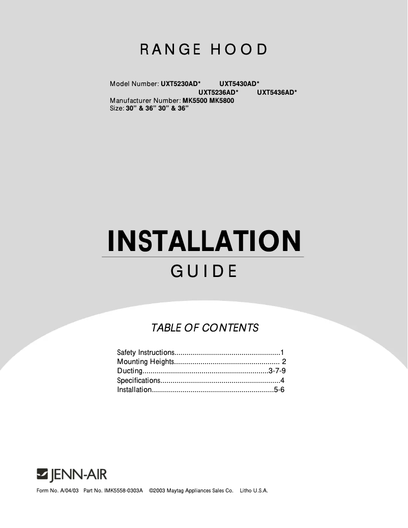 Page 1 de la notice Guide d'installation KitchenAid UXT5230ADS