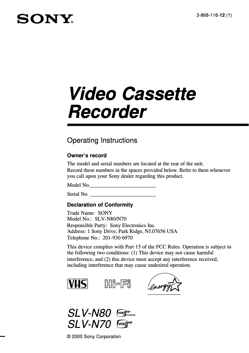 Page 1 de la notice Manuel utilisateur Sony SLV-N80