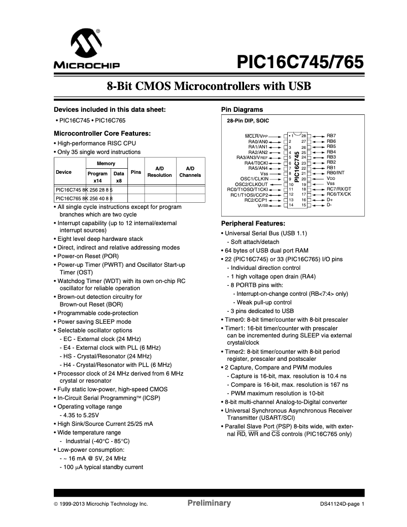 Page 1 de la notice Fiche technique Microchip PIC16C745